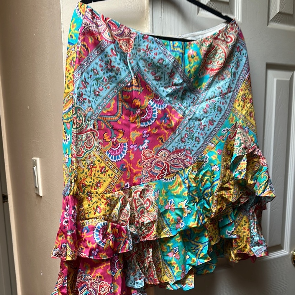 Ralph Lauren Blue Pink Asymmetrical Wrap Midi Skirt